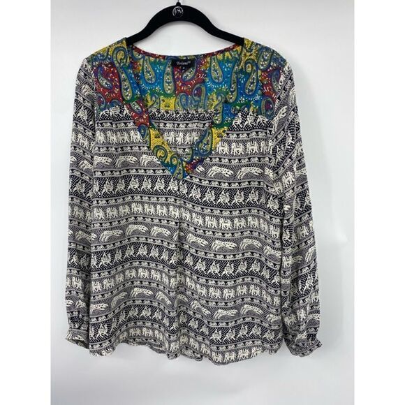 Tolani Silk Boho Tribal Paisley V-neck Blouse - Picture 1 of 5